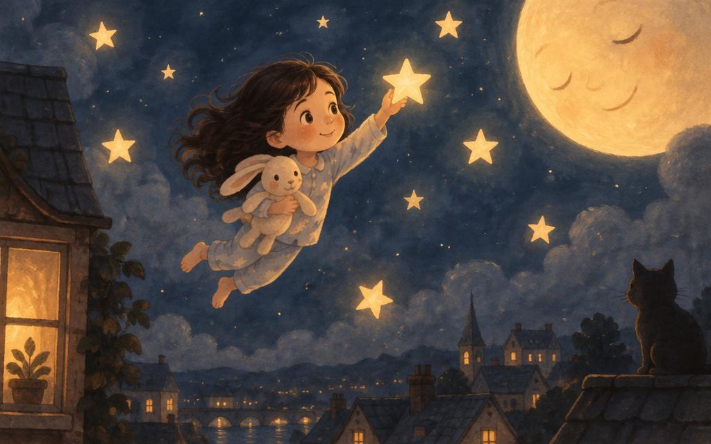 Illustration of a child floating among glowing stars under a soft moon