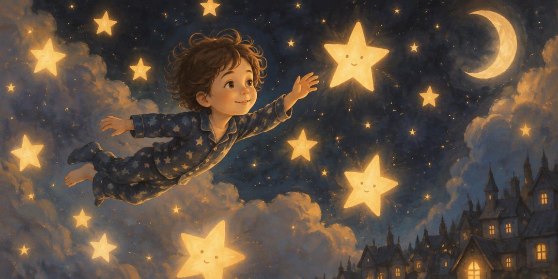 Storybook illustration of a child floating among glowing stars